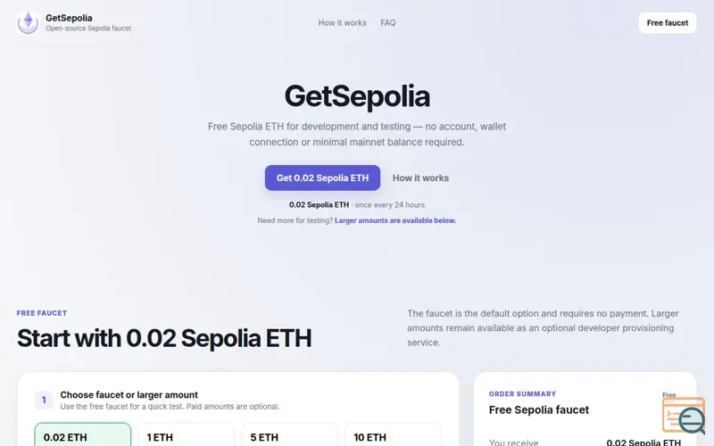 Screenshot of GetSepolia — Free Sepolia Faucet