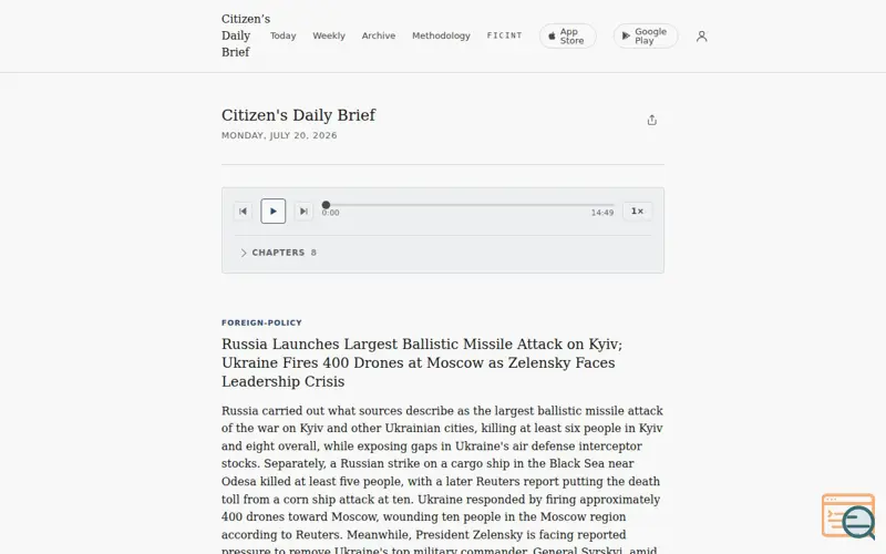 Screenshot of Citizen's Daily Brief, a launch using Hover