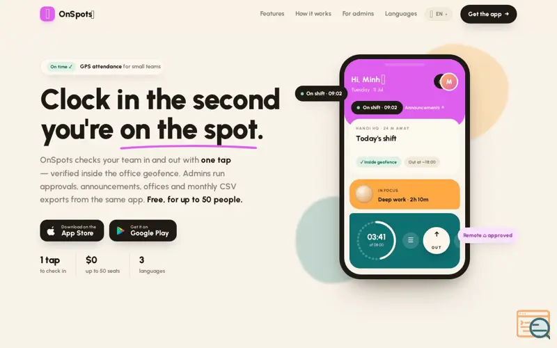 Screenshot of OnSpots — One-tap GPS attendance for small teams
