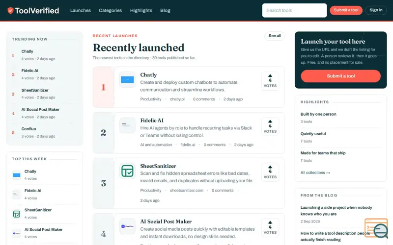 Screenshot of ToolVerified - A hand-checked directory of new tools, a launch using StarterBest