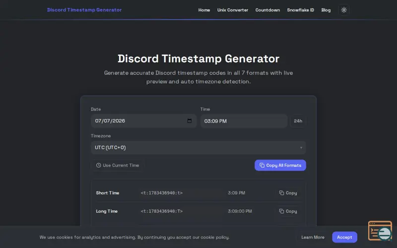 Screenshot of Discord Timestamp Generator