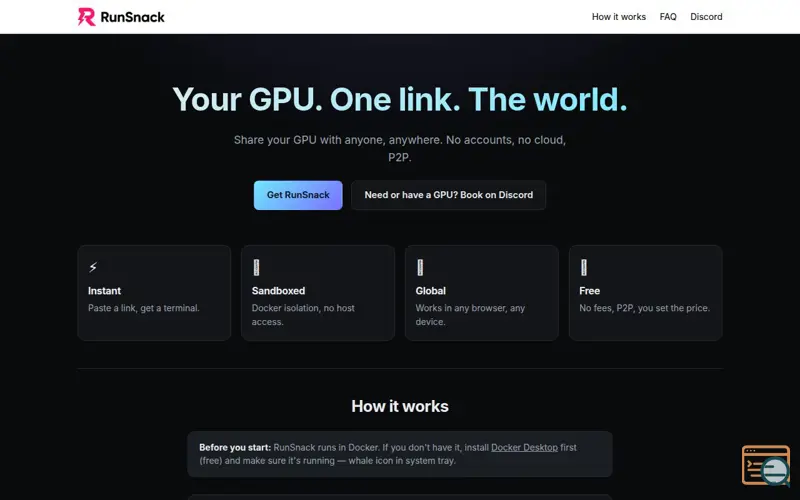 Screenshot of RunSnack — Your GPU. One link. The world