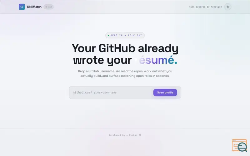 Screenshot of SkillMatch — Find Jobs From Your GitHub, a launch using QRious