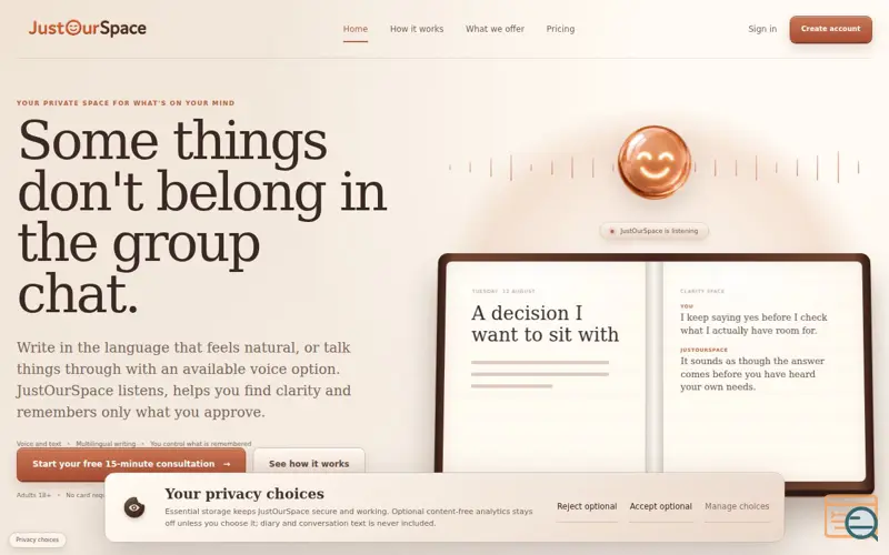 Screenshot of JustOurSpace — Your private space to talk and reflect