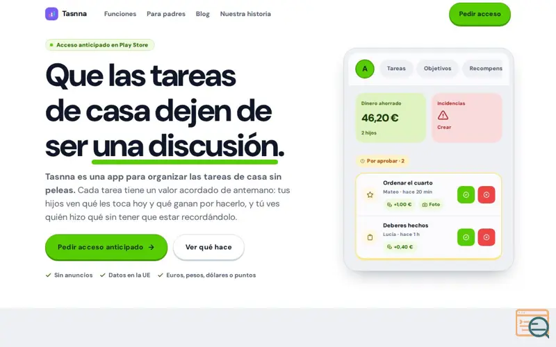 Screenshot of Tasnna — Que las tareas de casa dejen de ser una discusión