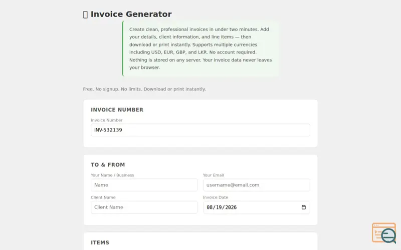 Screenshot of Invoice Generator by Adas