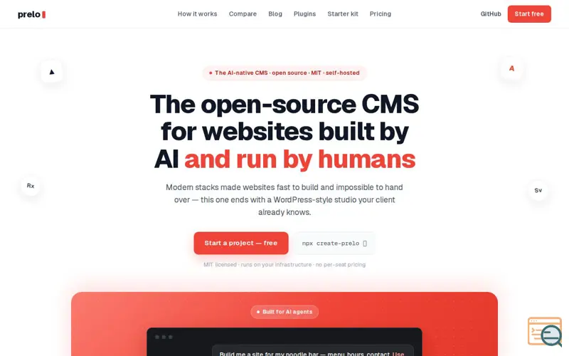 Screenshot of Prelo — The open-source CMS for websites built by AI and run by humans