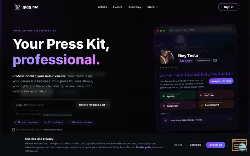 Screenshot of gigg.me | Tu press kit profesional, gratis