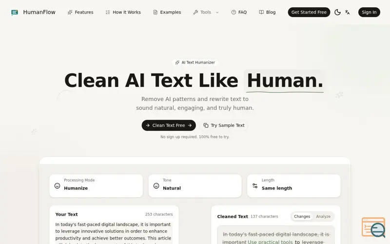 Screenshot of AI Text Cleaner HumanFlow, a launch using Shipstry