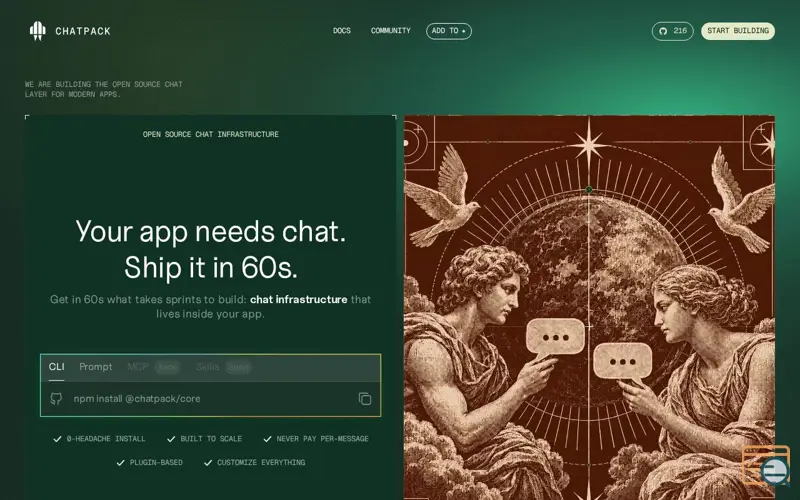 Screenshot of Home - ChatPack, a launch using Udesly
