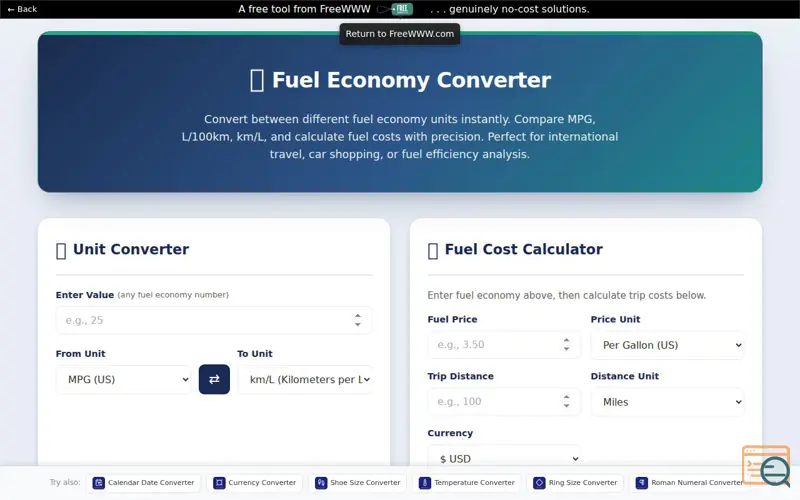 Screenshot of FreeWWW Fuel Economy Converter