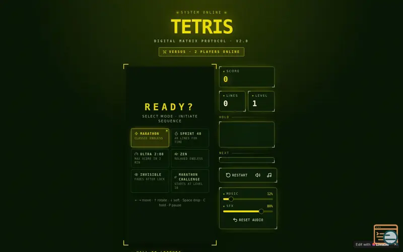 Screenshot of Tetris Online — Play in your browser, a launch using TanStack Start