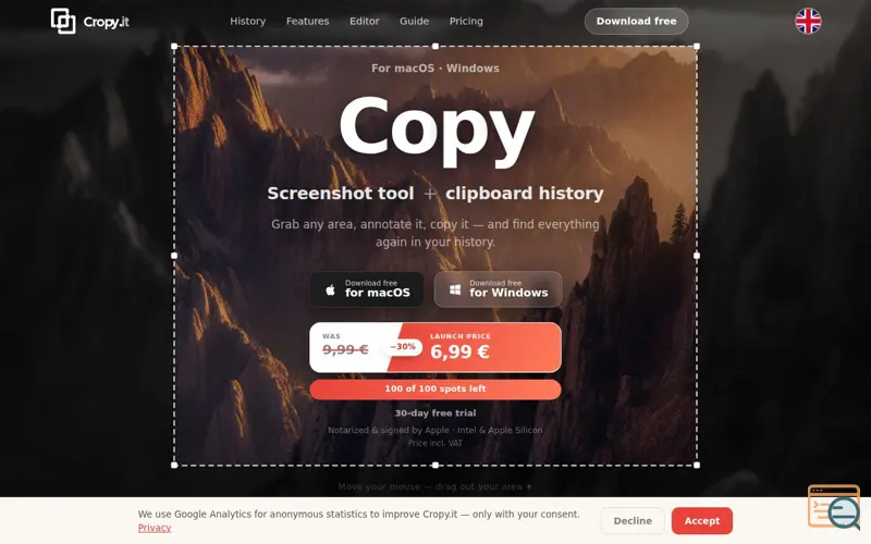 Screenshot of Cropy.it, a launch using Lenis