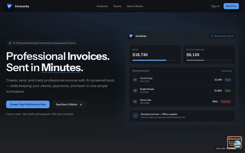 Screenshot of InvoiceFlow AI — Invoicing on Autopilot