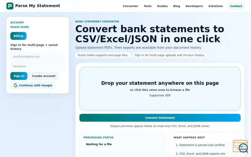 Screenshot of Parse My Statement