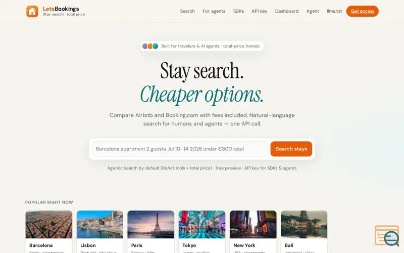 Screenshot of LetsBookings — stay search for agents