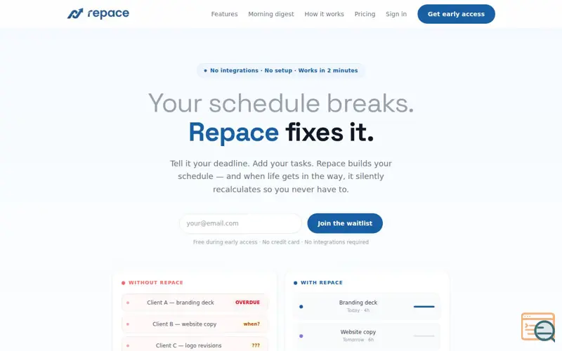 Screenshot of Repace — The scheduler that fixes itself