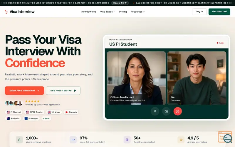 Screenshot of Practice Your Visa Interview with AI | VisaInterview.ai