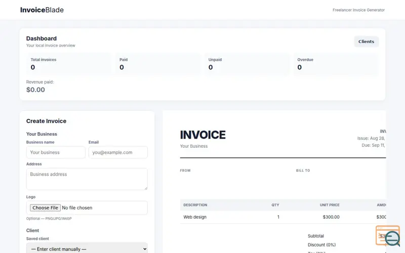 Screenshot of InvoiceBlade — Freelancer Invoice