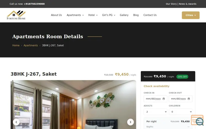 Screenshot of 3bhk Service Apartment in Saket, a launch using Hotel Booking Pro