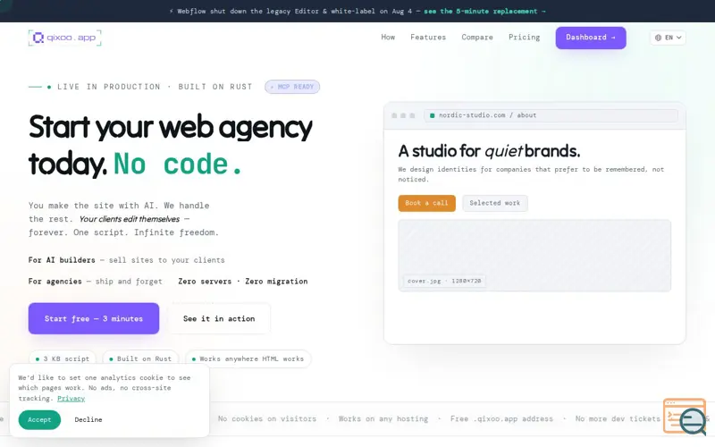Screenshot of Qixoo — Start your web agency today. No code. No servers.