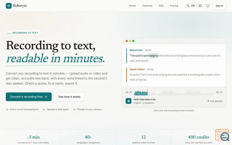 Screenshot of Every word, ready to use · Echoryte