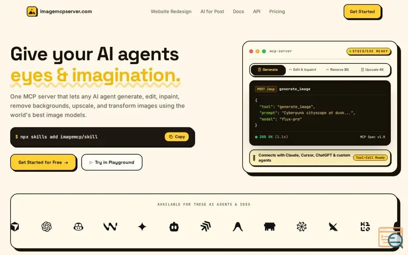 Screenshot of imagemcpserver.com — Image generation for every AI agent