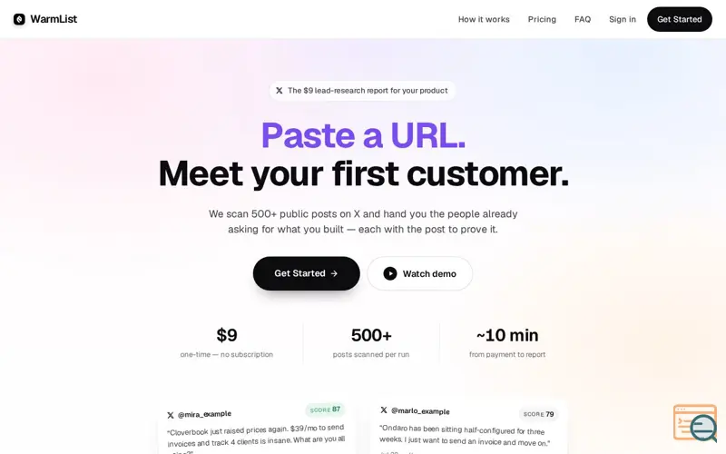 Screenshot of WarmList — Paste a URL. Meet your first customer.