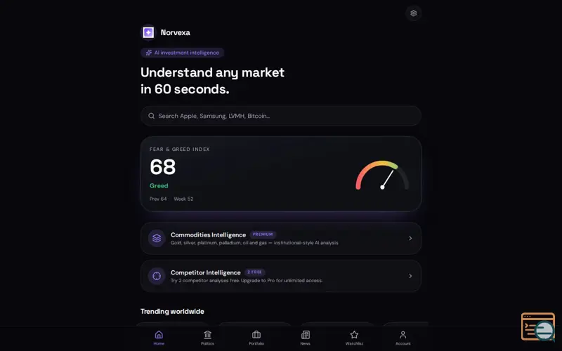 Screenshot of Norvexa — Understand any stock or crypto in 60 seconds