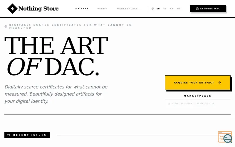 Screenshot of Digital Artifact Certificate