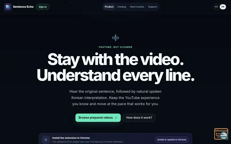 Screenshot of Sentence Echo · 한 문장씩 듣는 YouTube 통역