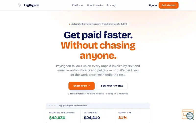 Screenshot of PayPigeon — Send the invoice. We'll chase it.