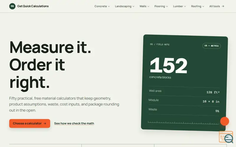 Screenshot of Material Calculators for Real Projects | GQ Calc, a launch using Directree