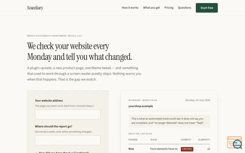 Screenshot of Weekly accessibility monitoring for your website — Scandiary