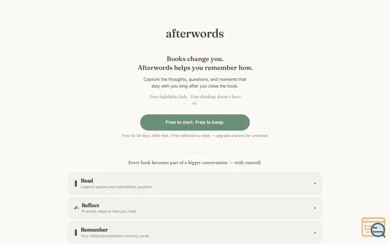 Screenshot of Afterwords App – AI Reading Journal & Reflection Companion