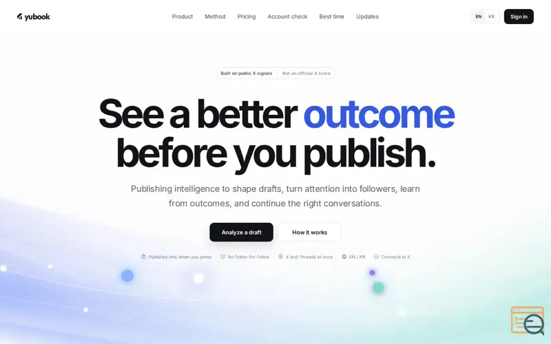 Screenshot of Yubook — 게시 전 성과를 설계하세요, a launch using AppPulse