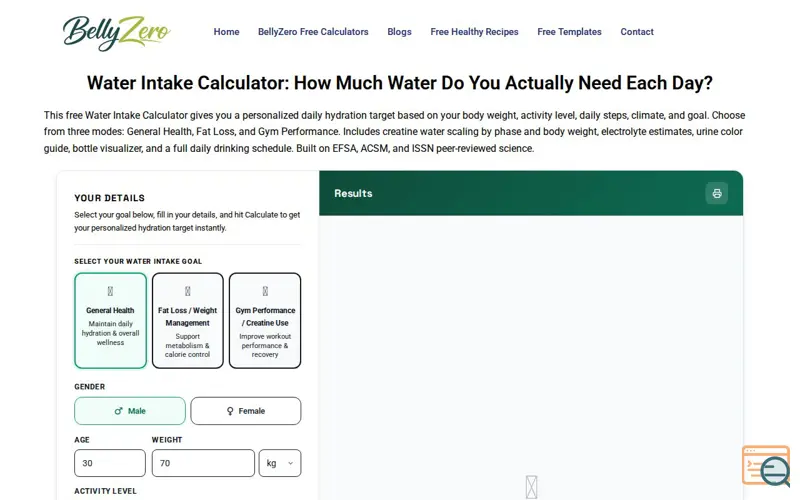 Screenshot of BellyZero Water Intake Calculator