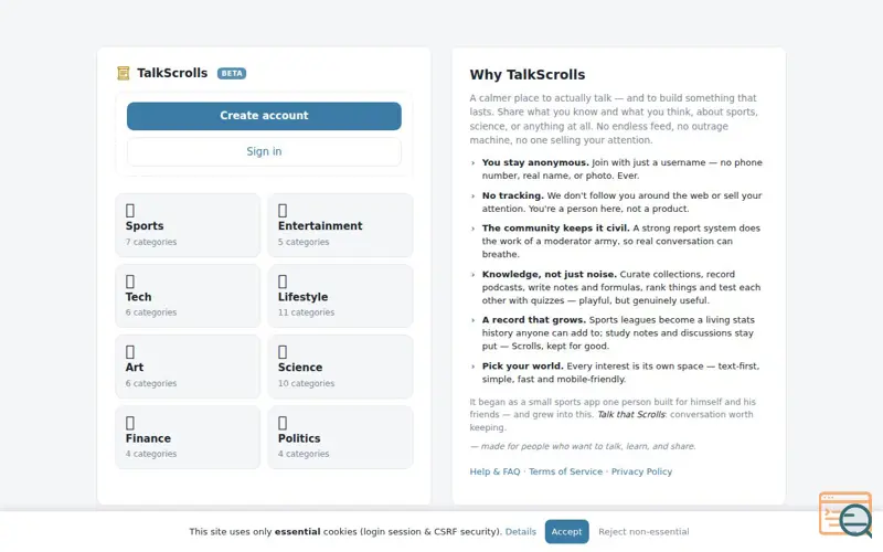 Screenshot of TalkScrolls, a launch using htmx