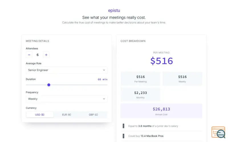Screenshot of Free Meeting Cost Calculator