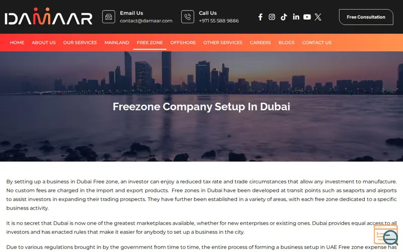 Screenshot of Freezone Company Setup In Dubai | Damaar