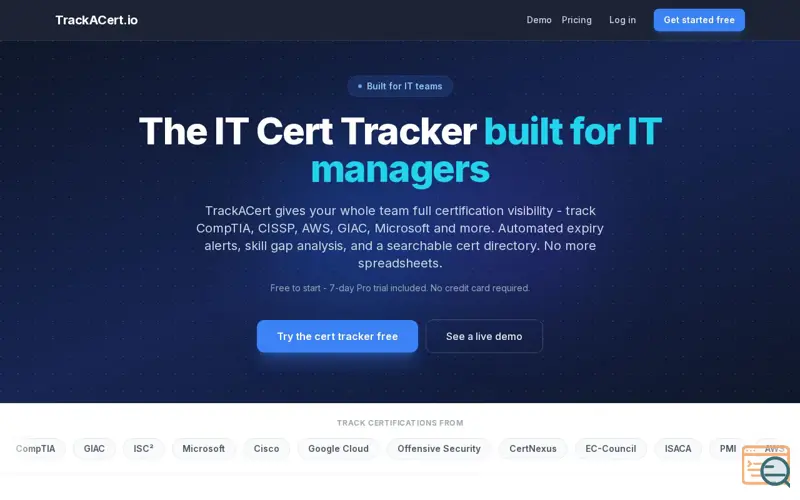 Screenshot of TrackACert.io