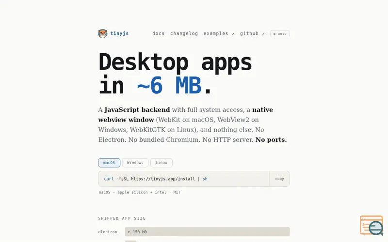 Screenshot of tinyjs — desktop apps for macOS in ~6 MB