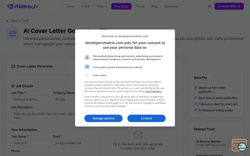 Screenshot of AI Cover Letter Generator