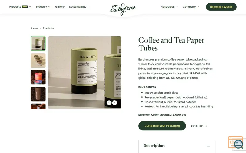 Screenshot of Coffee and Tea Paper Tubes