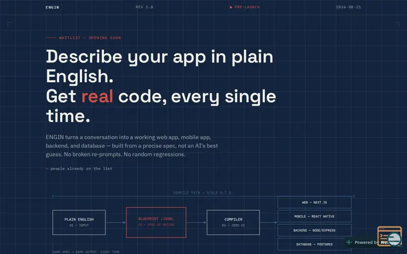 Screenshot of ENGIN — Real code. Every time.