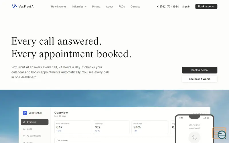 Screenshot of Vox Front — Every call answered. Every appointment booked.