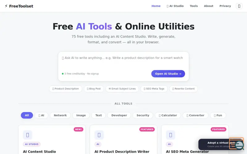 Screenshot of FreeToolset — Free Online Tools for Developers & Everyday Users