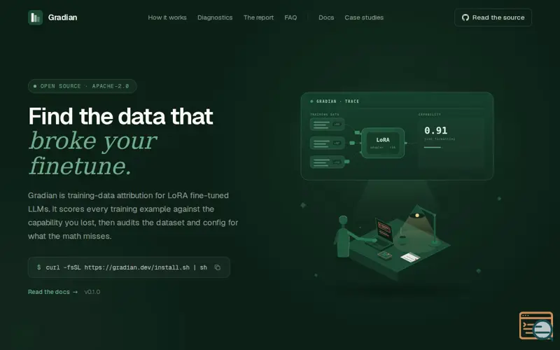 Screenshot of Gradian · Find the data that broke your fine-tune