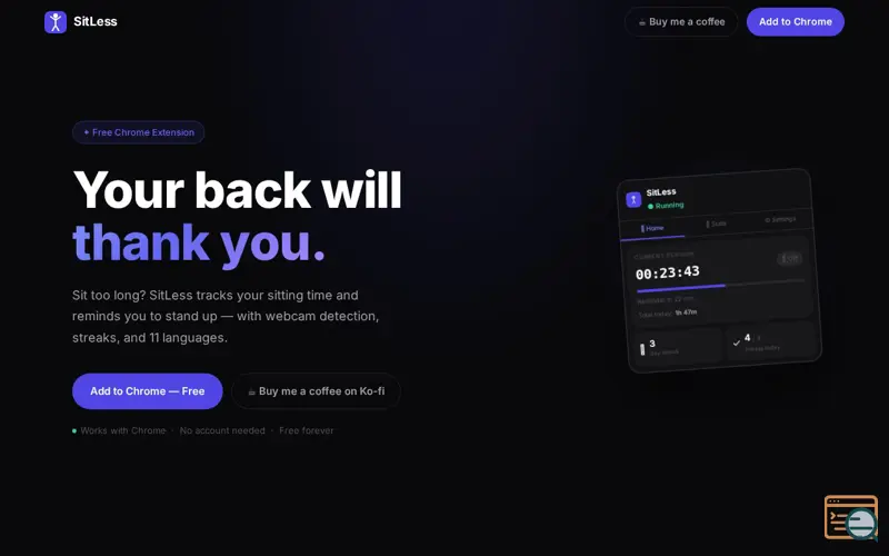 Screenshot of SitLess — Your back will thank you
