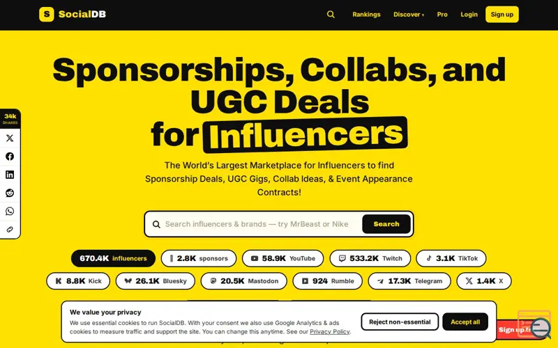 Screenshot of SocialDB - Sponsorships, Collabs, and UGC Deals for Influencers